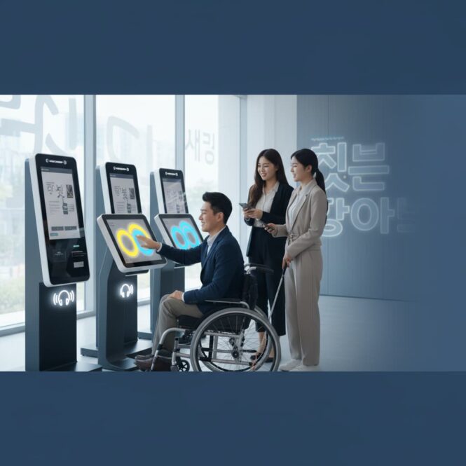 A diverse group of people using accessible digital kiosks in a modern city, 2026 accessibility tech concept